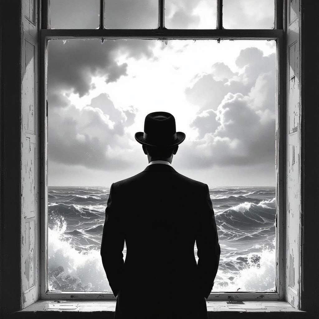 Man Gazing at Stormy Sea in Dramatic Lighting