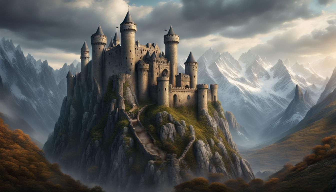 Epic Medieval Stone Fortress in Mountain Landscape