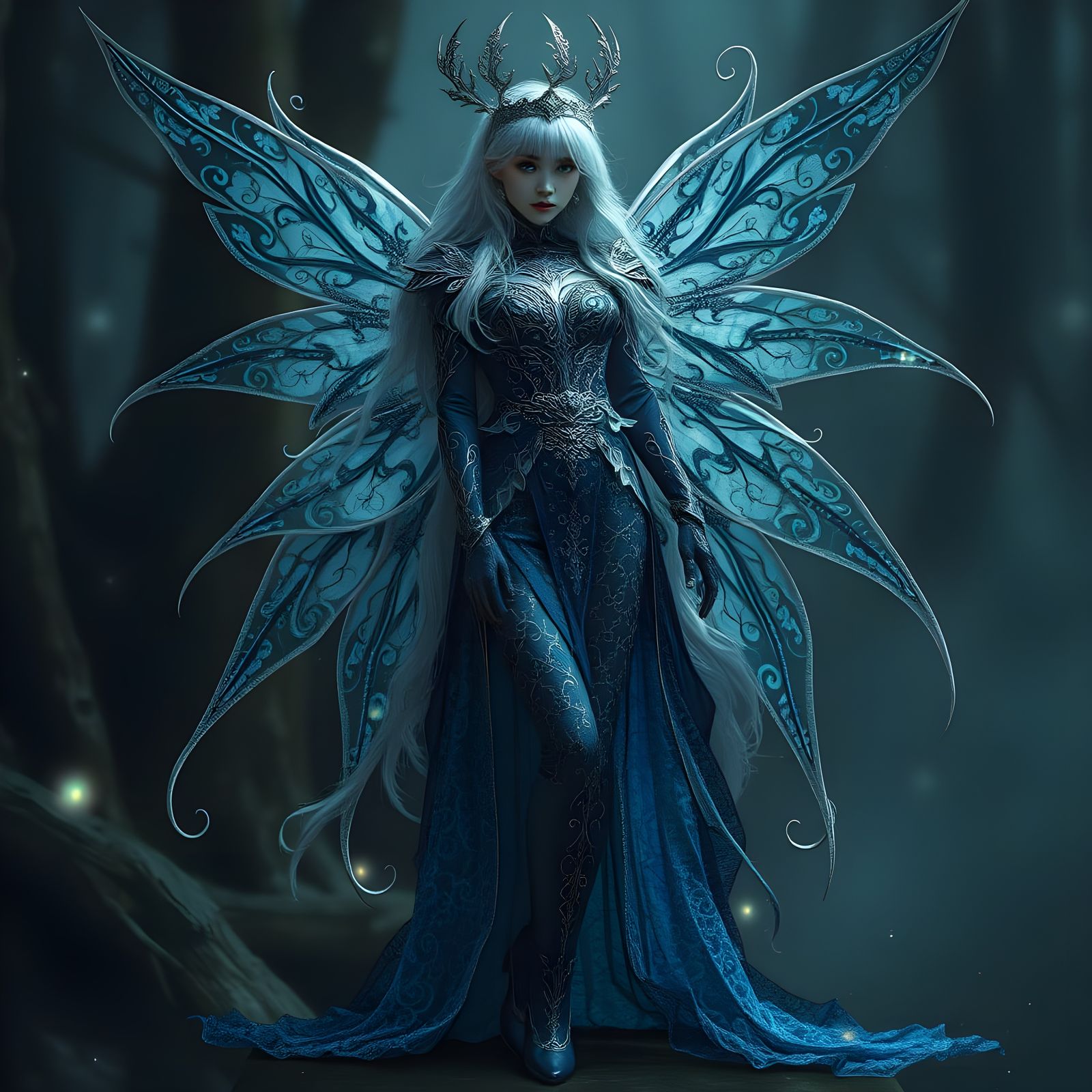 Ethereal Dark Fairy in Shimmering Silver and Blue Armor