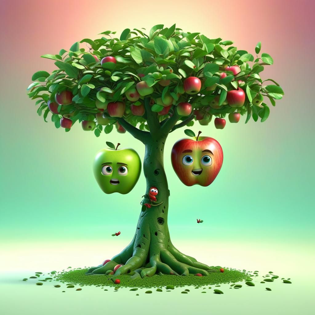 Adam and Eve Surreal Apple Tree in 3D