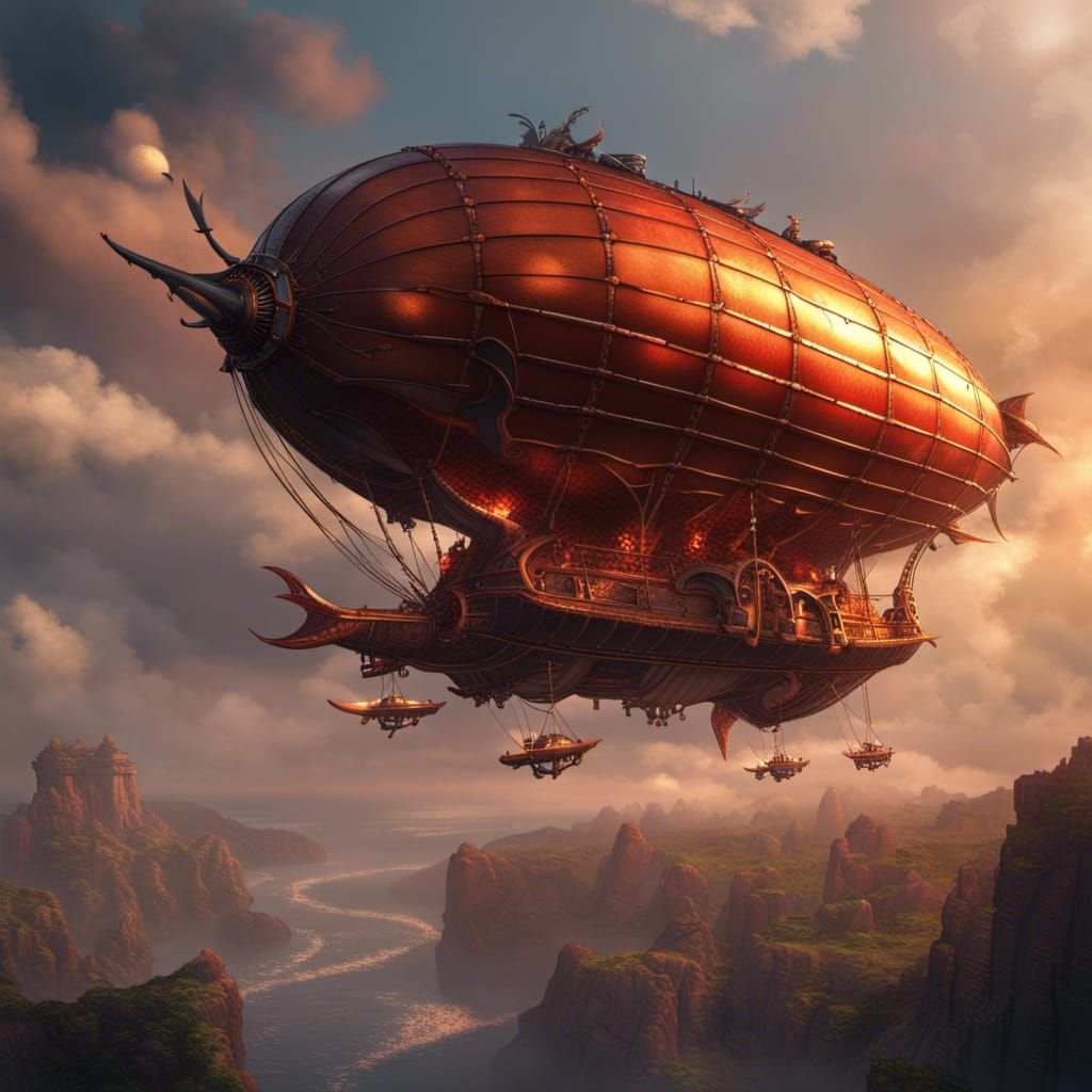 Fantasy Airship with Fiery Motif in Detailed Digital Art