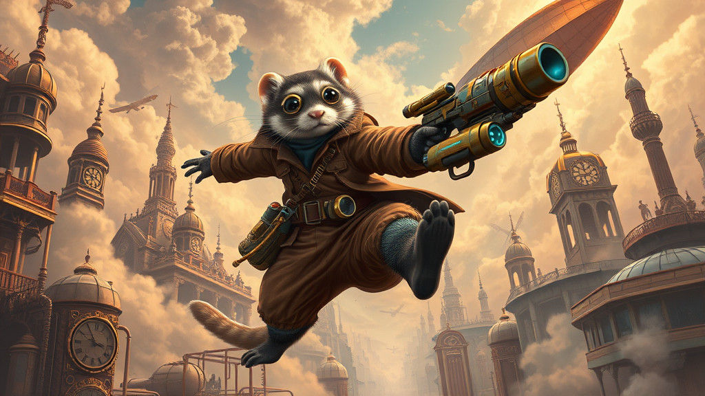 Steampunk Ferret Cowboy Leaps Through Mechanical Metropolis