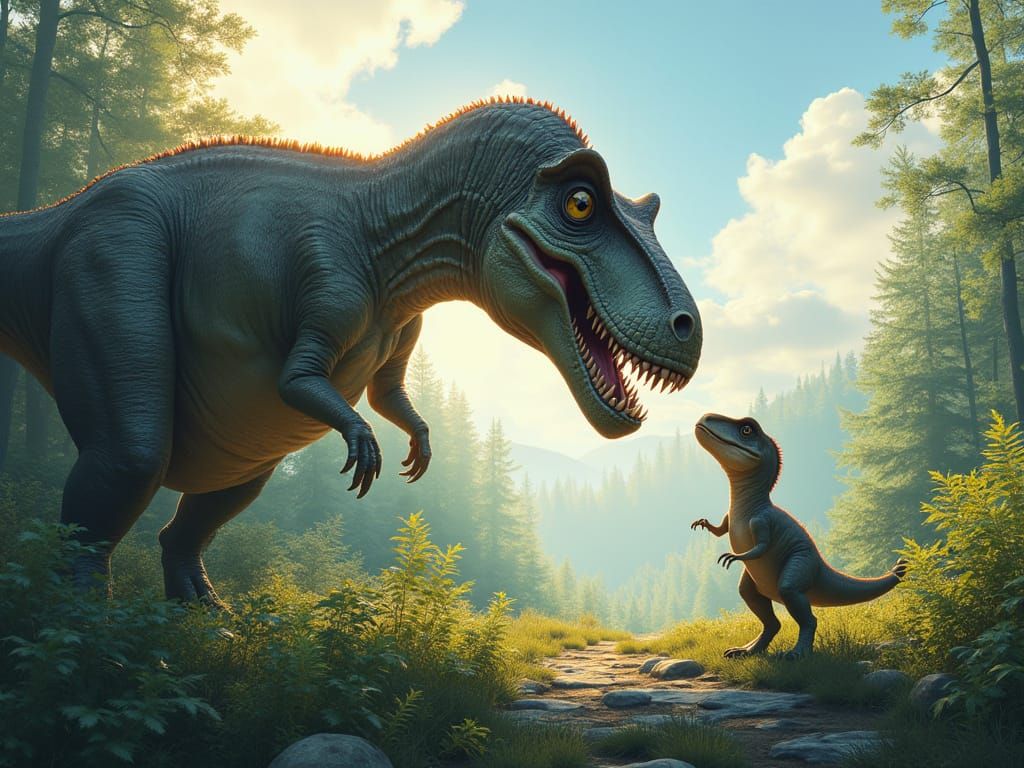 T-Rex Father and Son Hunting in Prehistoric Land