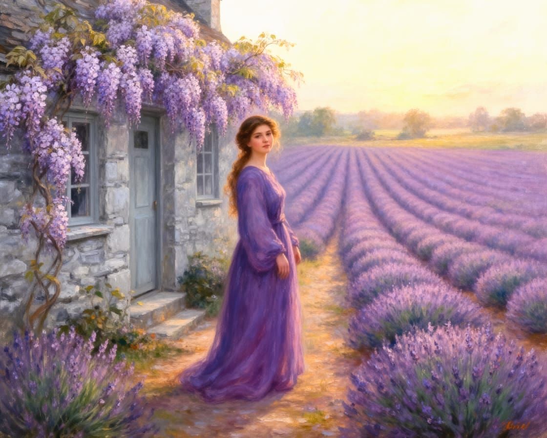 Woman in Purple by Wisteria Cottage Amidst Lavender Fields