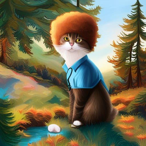 Cat as Bob Ross: Digital Oil Painting