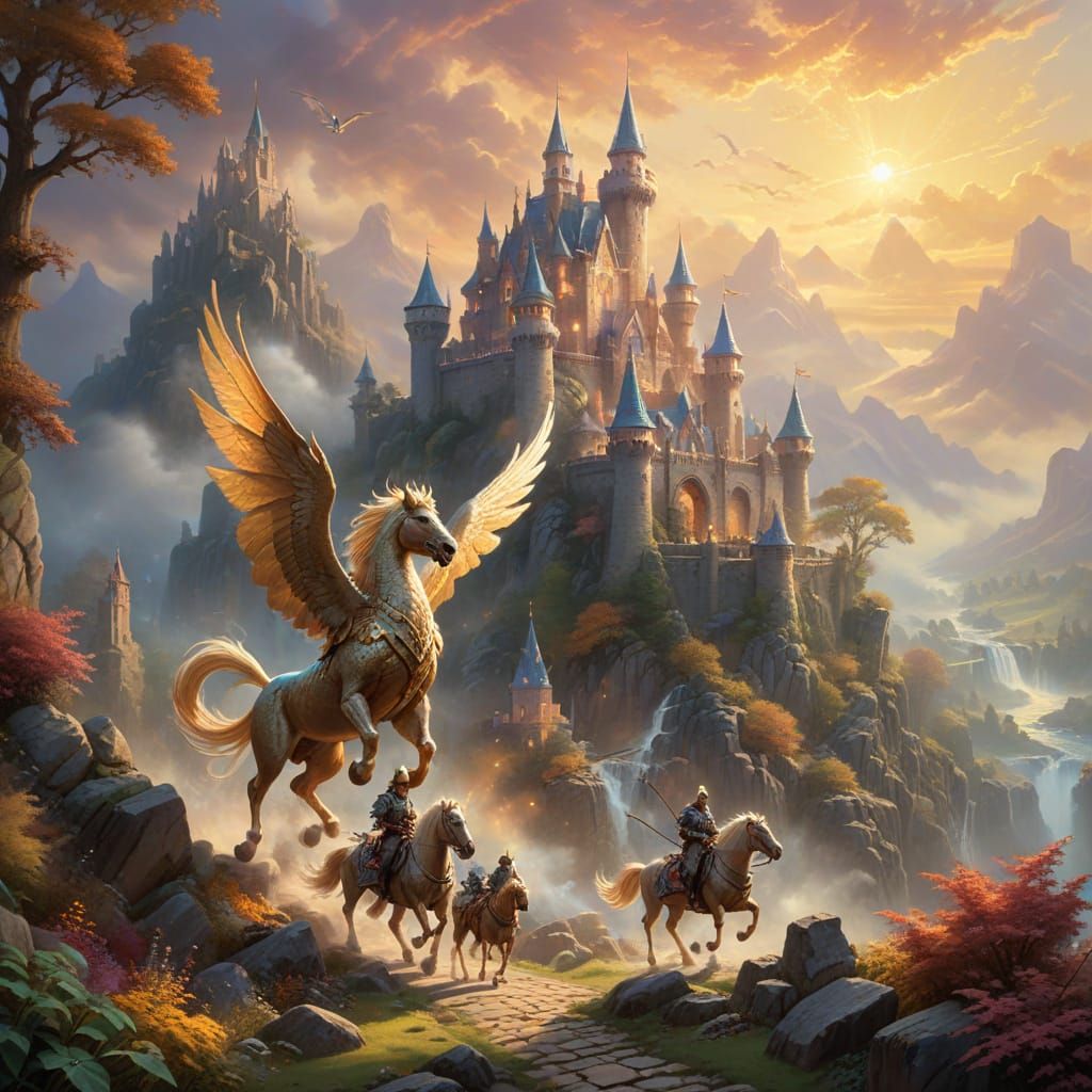 Majestic Horsemen Ride Griffins to Magical Castle