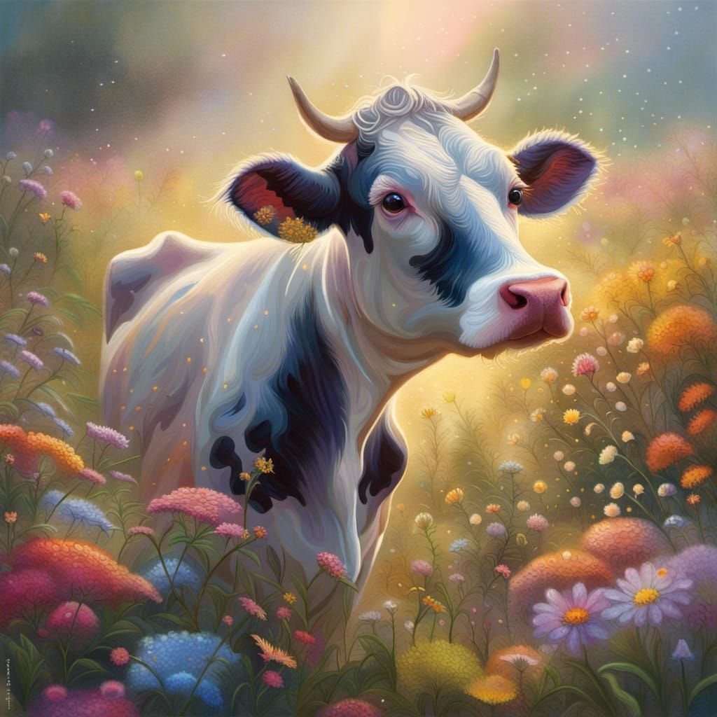 Cute Cow in Wildflower Field, Hyperrealistic Fantasy Art