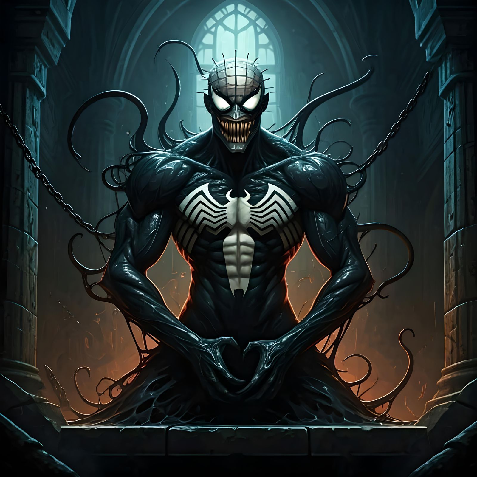 Venom-Pinhead Hybrid in Gloomy Dungeon: Fantasy Art