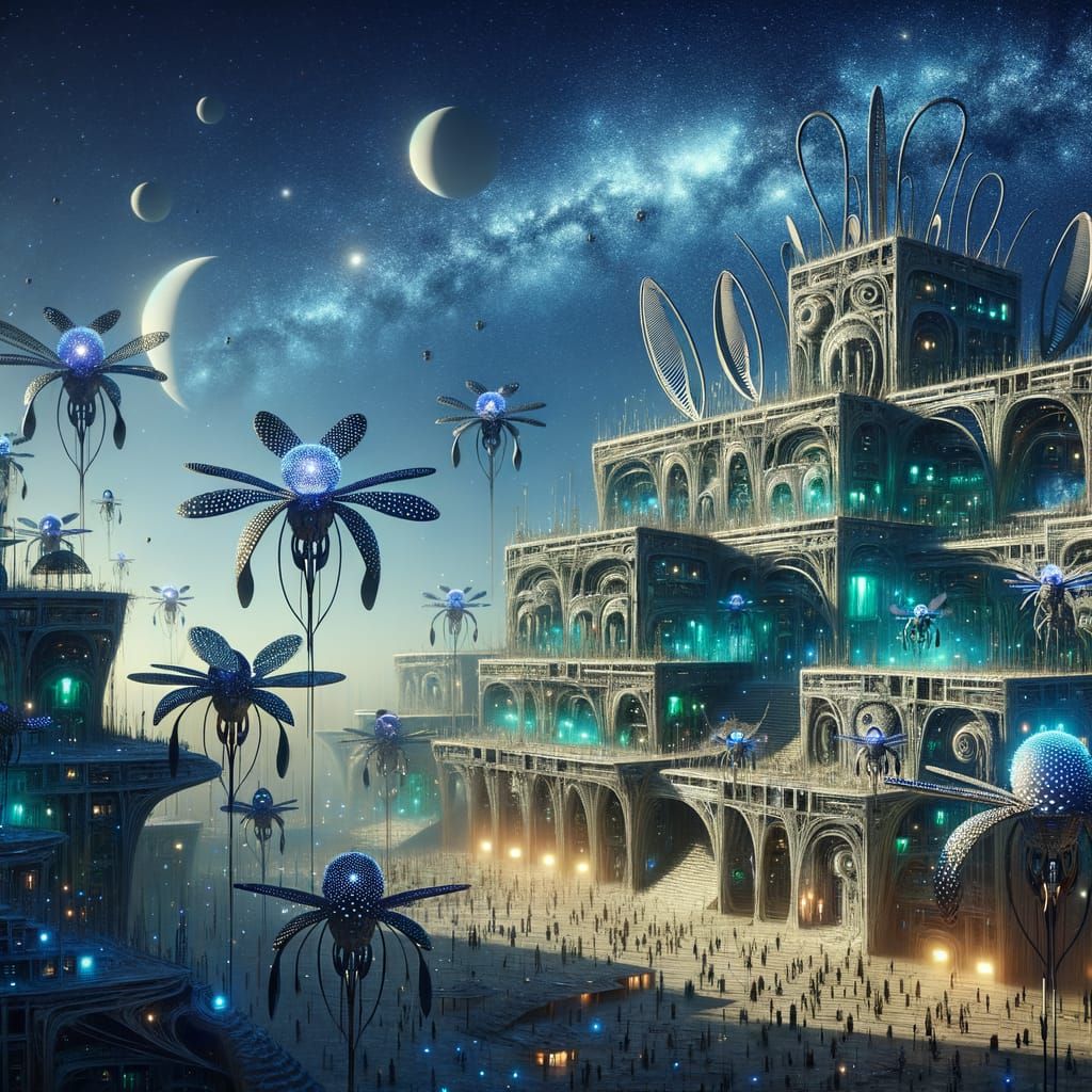 Vibrant Alien Marketplace Under Binary Stars