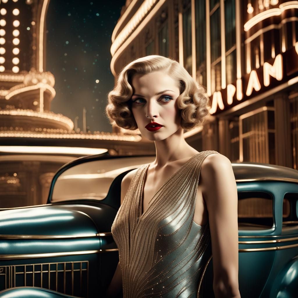 Futuristic Vintage Model in Decadent Art Deco City