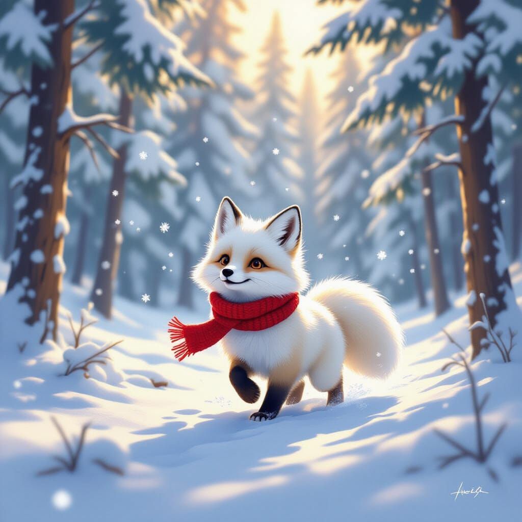 Arctic Fox in Snowy Forest, Children's Book Style