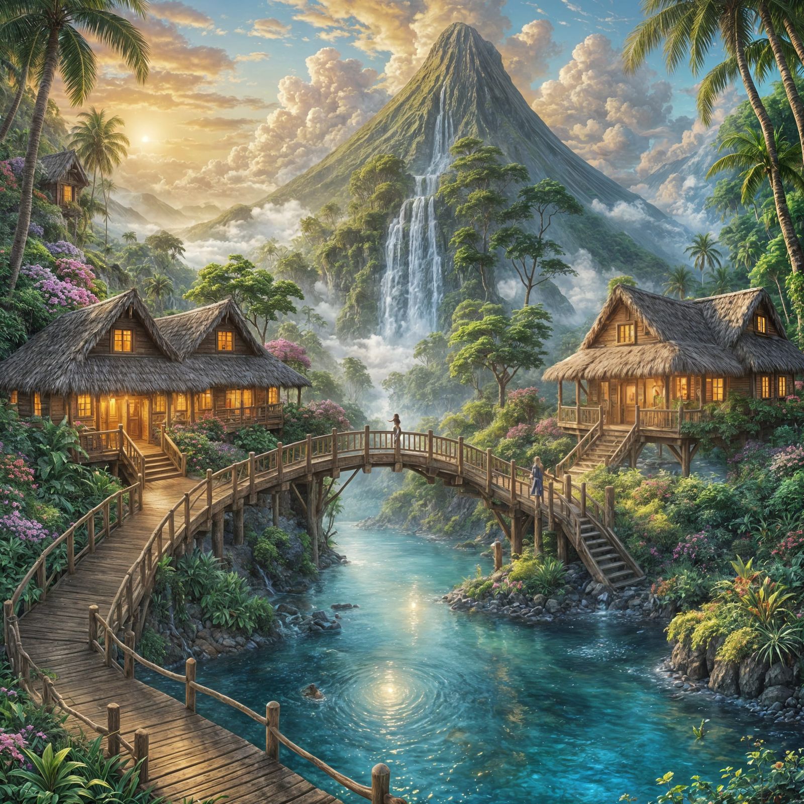 Ethereal Tropical Island Paradise with Waterfall and Volcano