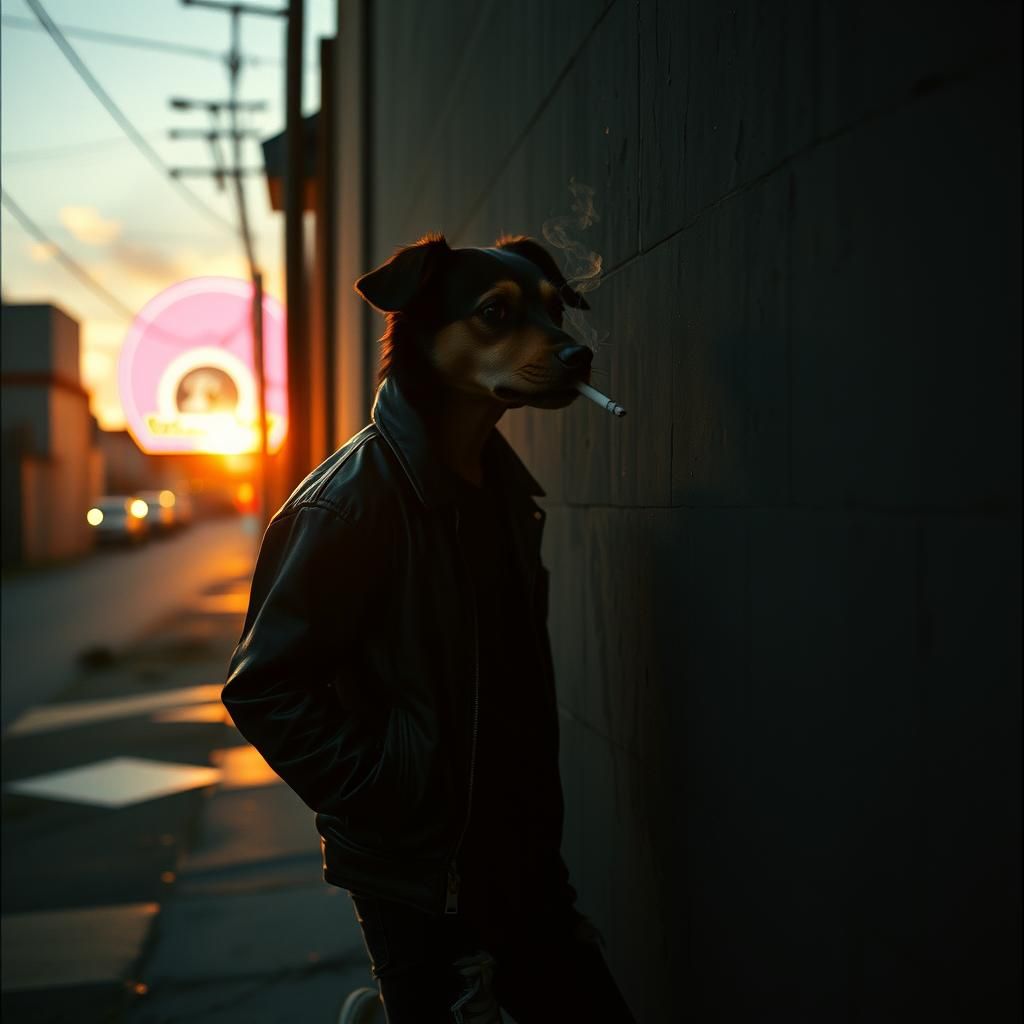 Emo Dog in Alley with Cigarette: Cinematic Still