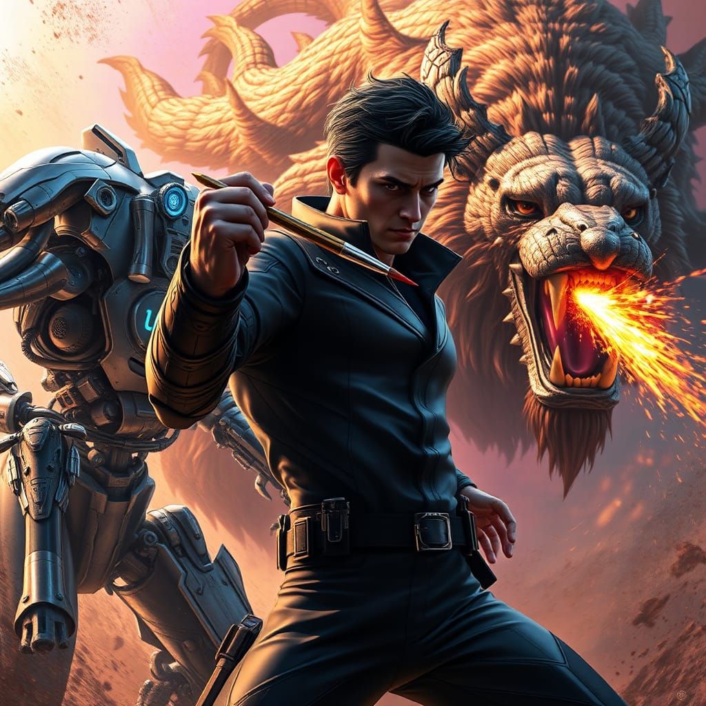 Artist Battles Cyborg and Chimera in Fantasy Style