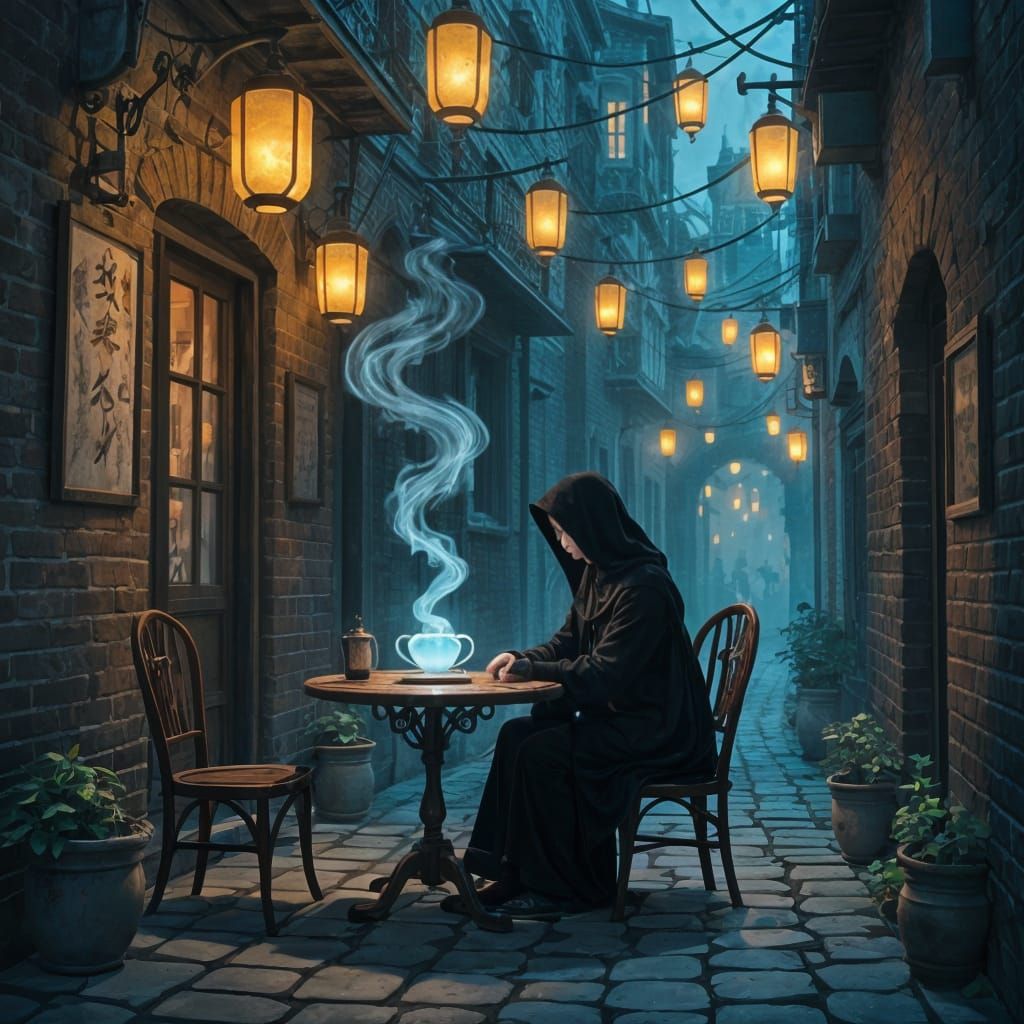 Mysterious Figure in Enchanted Alleyway Cafe