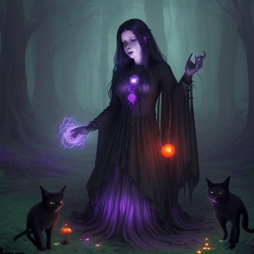 Forest Witch with Spirits in Ethereal Fantasy Style