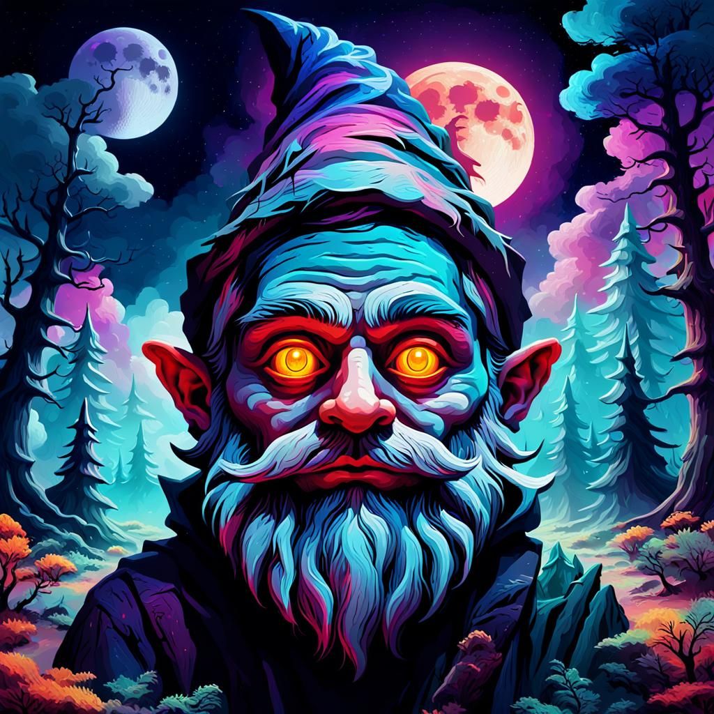 Psychedelic Gnome Portrait in Dark Surrealism Style