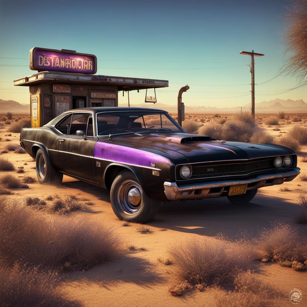 Rusty Muscle Car in Desert, Dark Fantasy Art