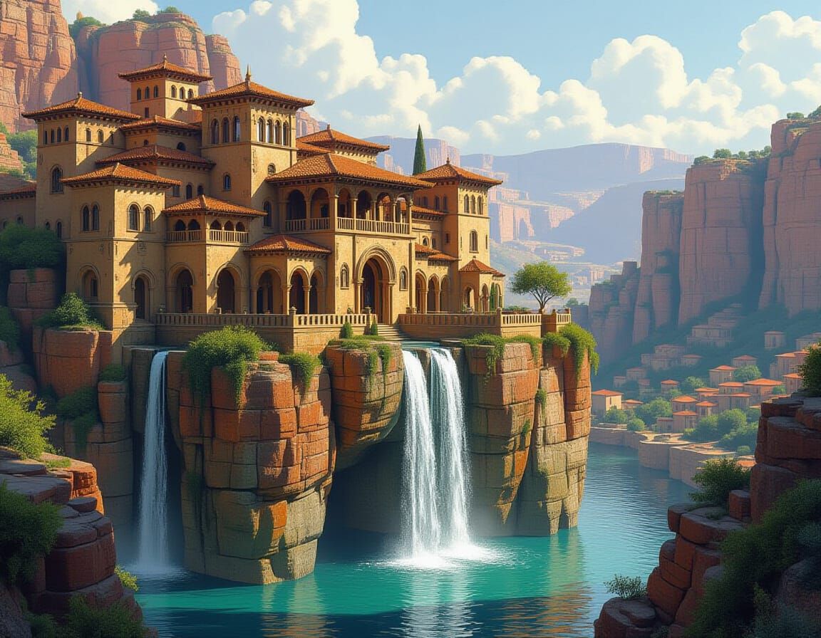 Majestic Cliffside House with Waterfall, Digital Art