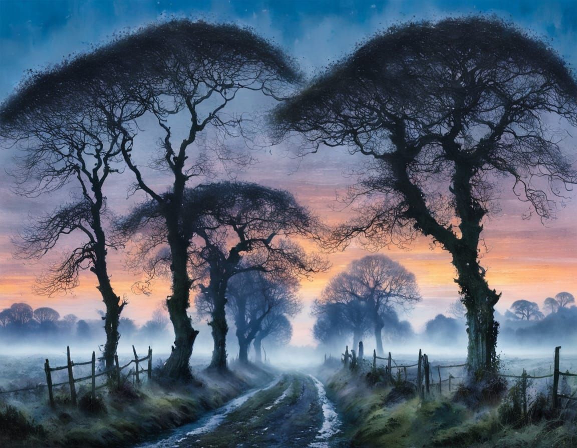 Misty Moor Landscape with Ancient Willow Trees in Watercolor...