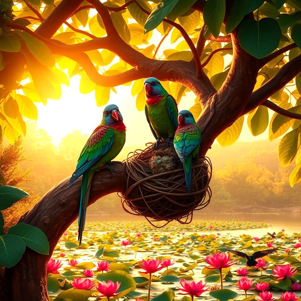 Colorful Birds in Guava Tree: Fantasy Concept Art