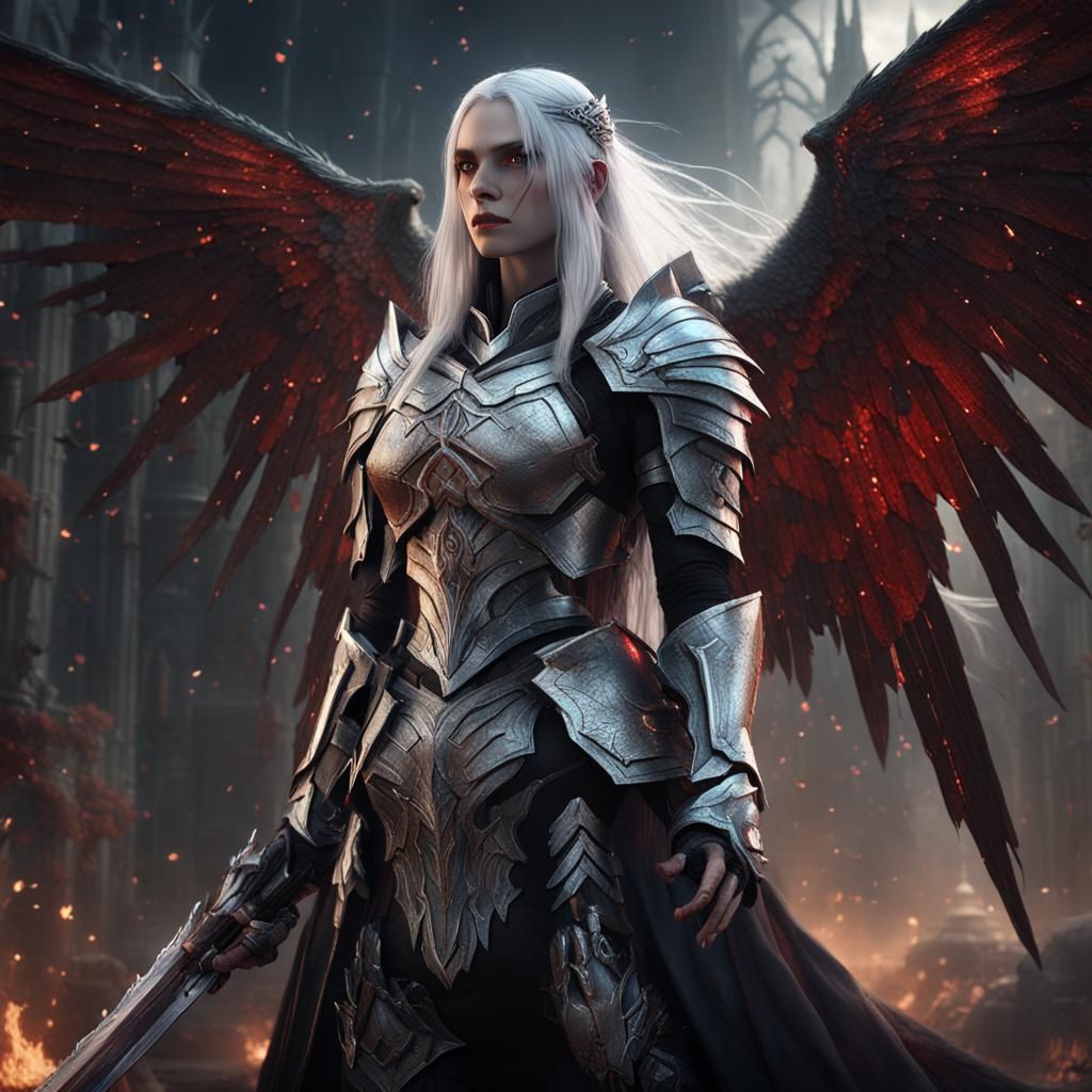 Gothic Woman with Bloody Angel Wings in Silver Armor