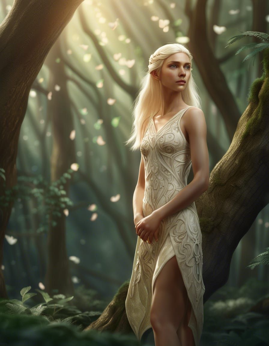 Hyperrealistic Elf in Forest with Flowing Hair