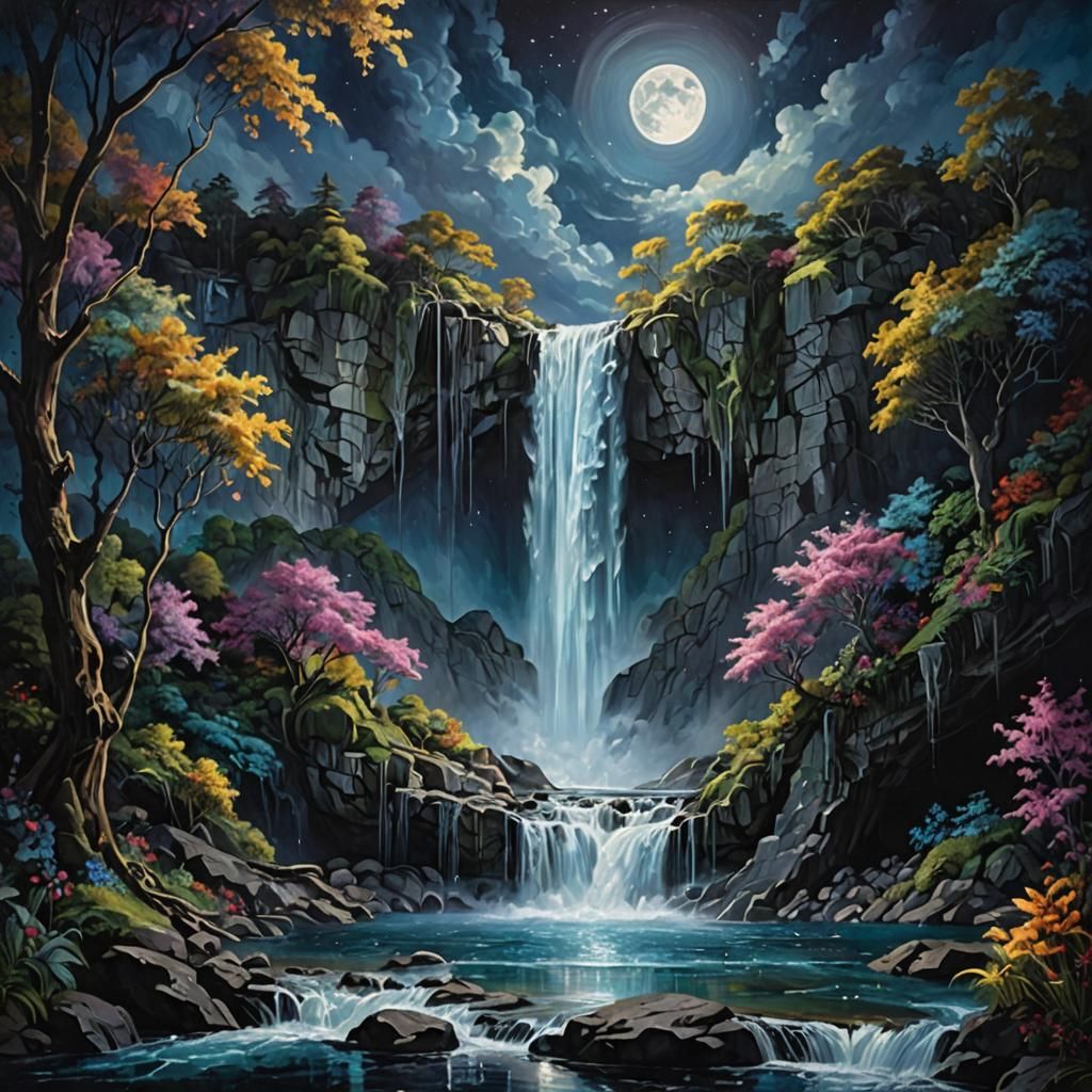 Moonlit Waterfall Dreamscape in Hypermaximalist Style
