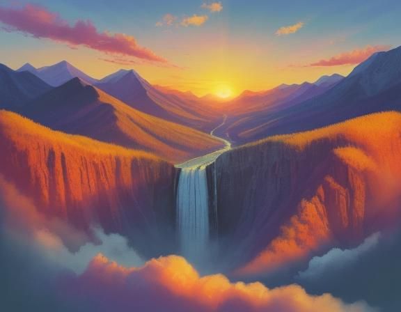Abstract Sunrise Mountain Landscape with Waterfall