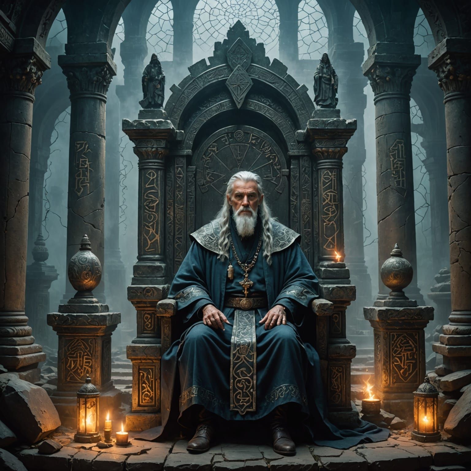 Ancient Temple in Mystical Fog with Glowing Runes and a Wise...