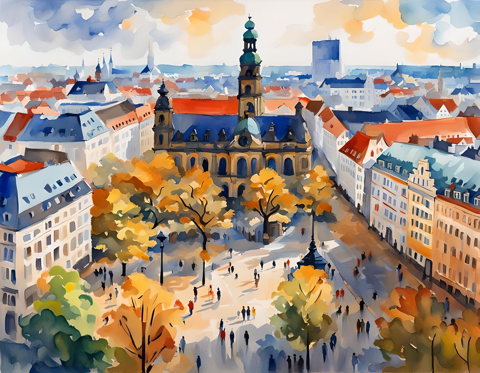 Leipzig's Augustusplatz in Gouache Watercolor Style