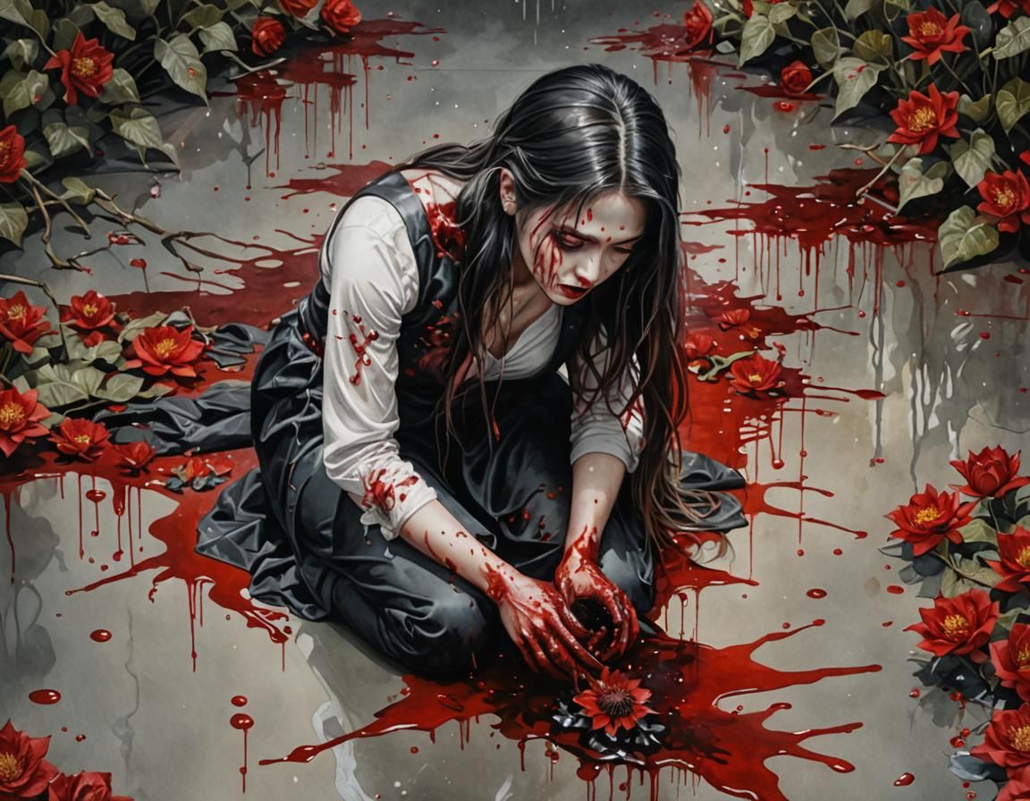 Photorealistic Watercolor of Woman in Pool of Blood