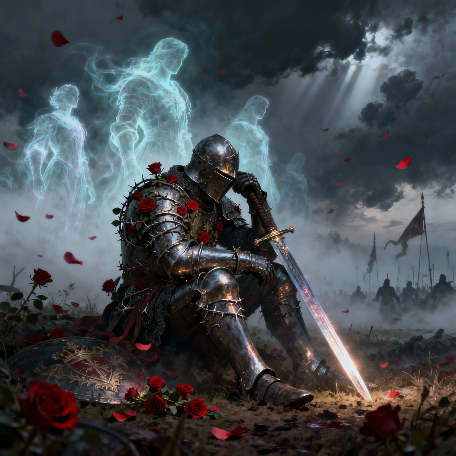 Gothic Knight on Mist-Shrouded Battlefield