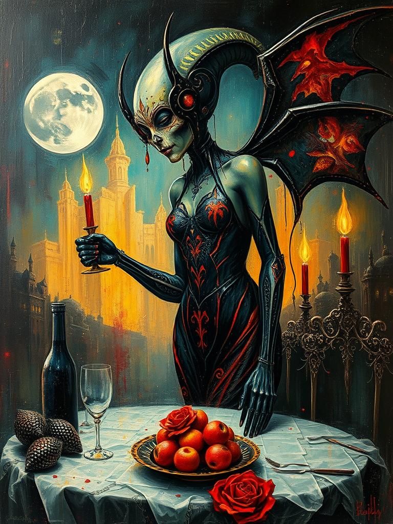 Goth Alien Goddess Feast in Neo-Impressionist Style