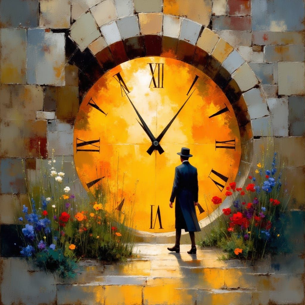 Man in Front of a Golden Clock Portal in a Whimsical World