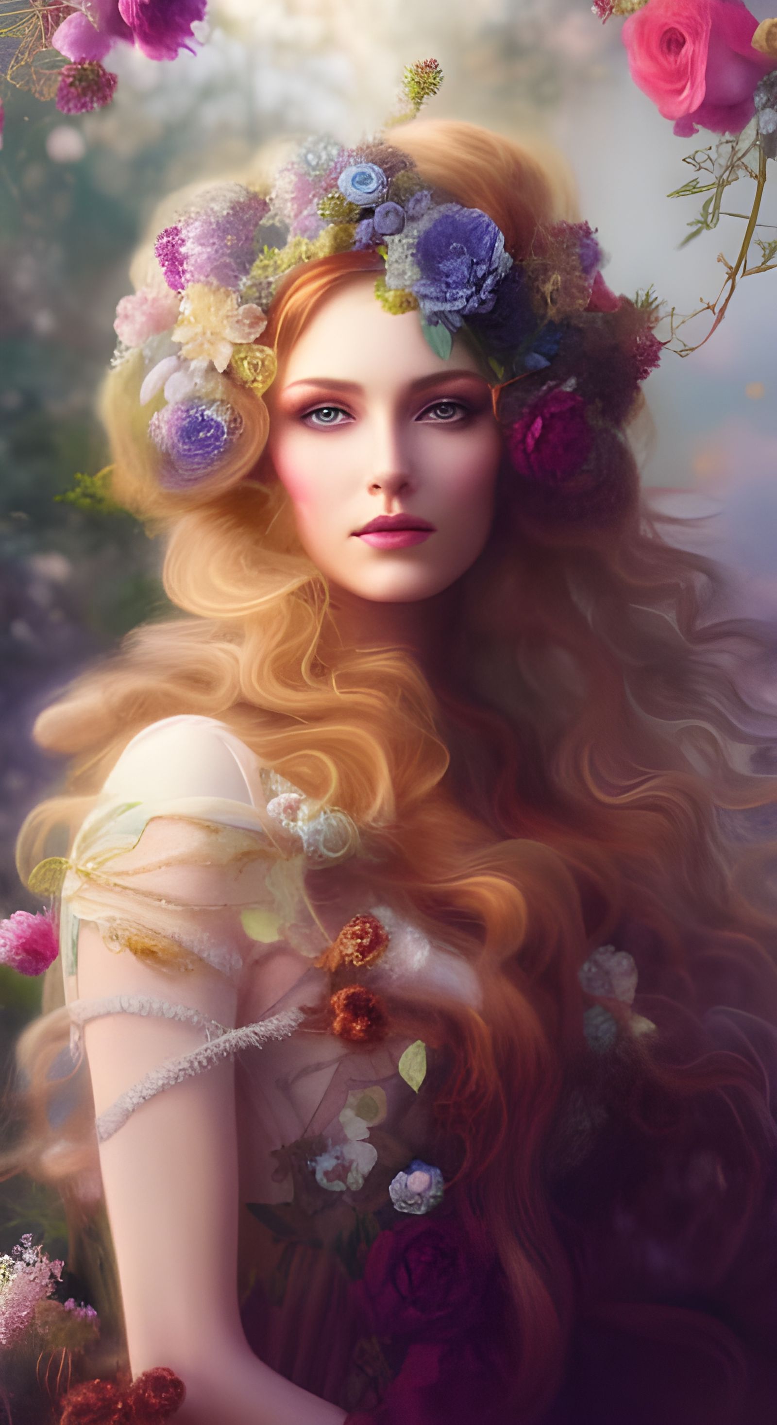 70s Hippie Woman Portrait with Flowers in Pastel Style