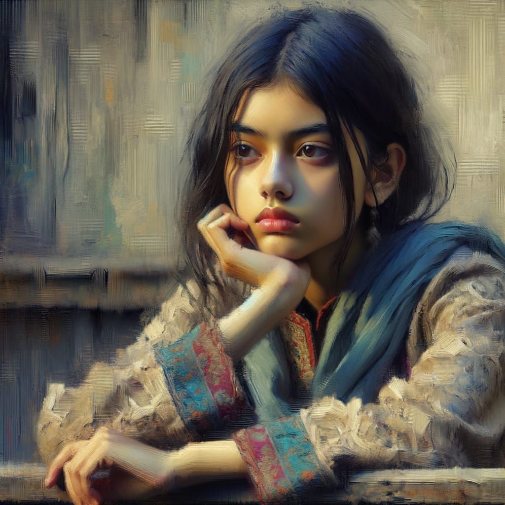 Contemplative Young South Asian Girl in Oil on Canvas