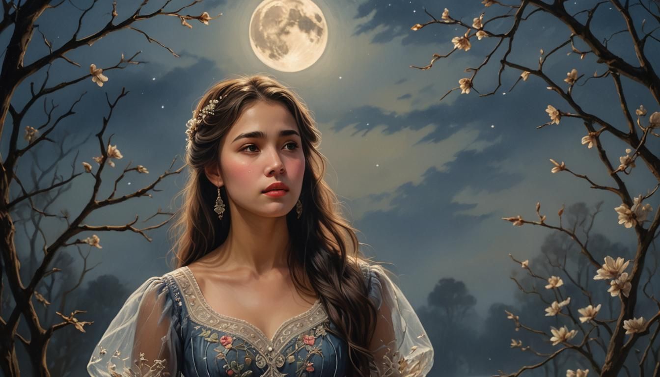 Romantic Oil Painting of a Girl Singing in Moonlight