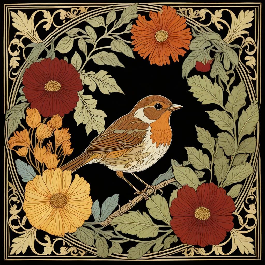 Art Nouveau-Inspired Bird Perched on a Vibrant Autumn Wreath