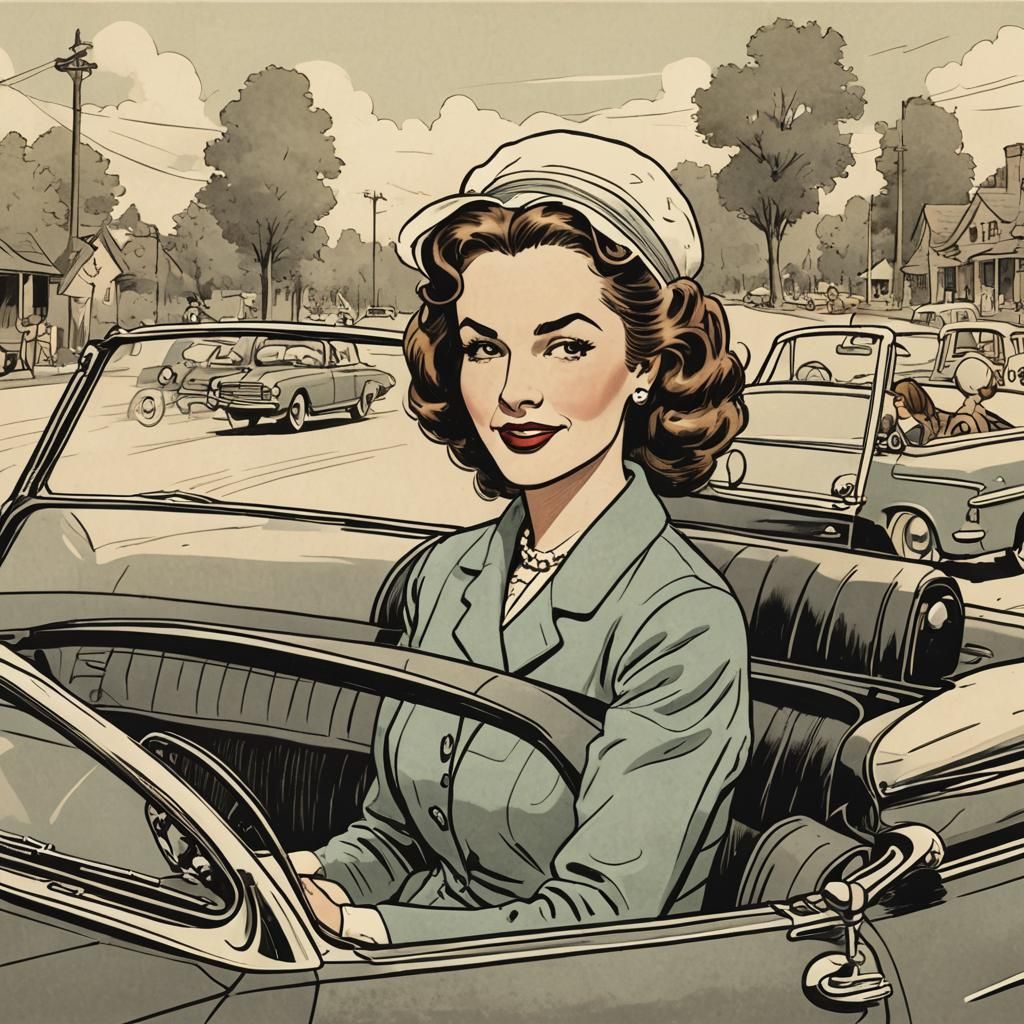 Cartoon Woman Driving a Classic Convertible