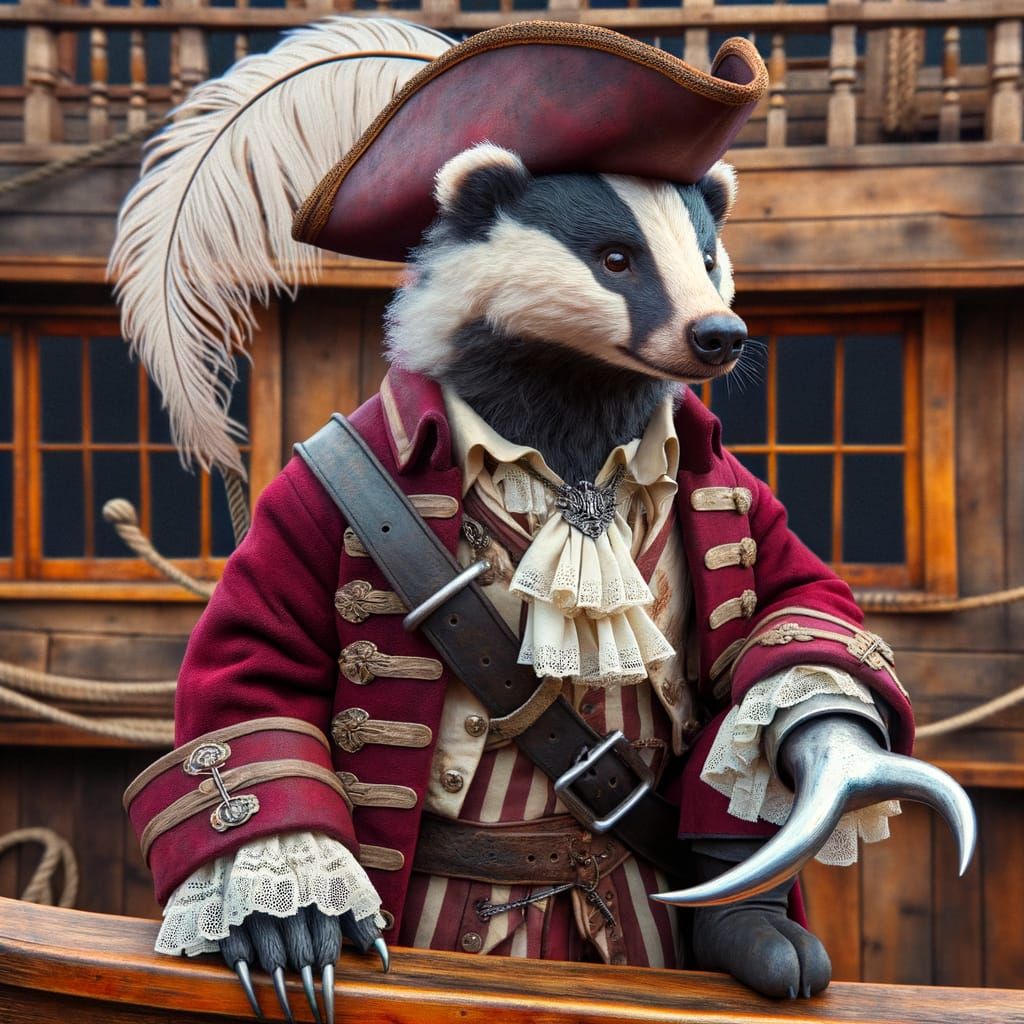 A CGI cartoon Badger dressed as Captain Hook on a pirate shi...