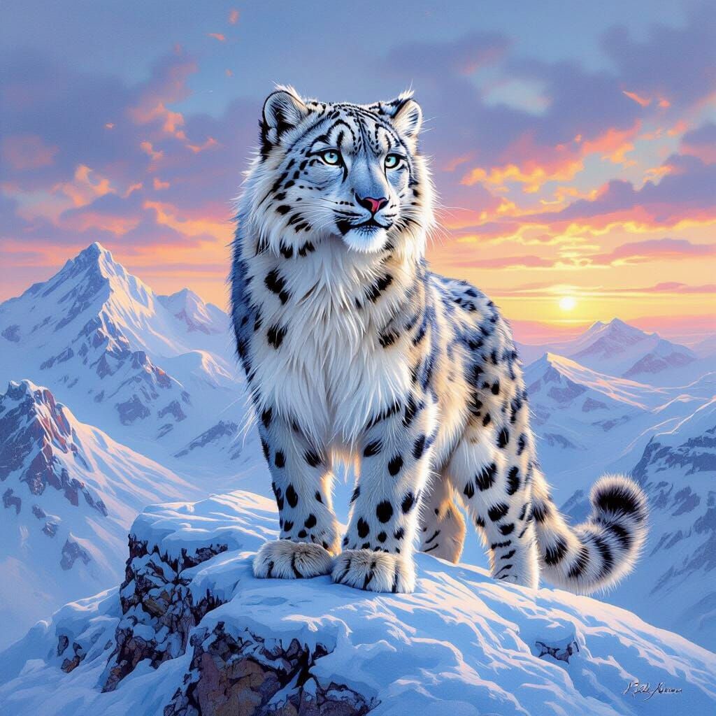 Snow Leopard on Icy Peak in Oil Painting Style