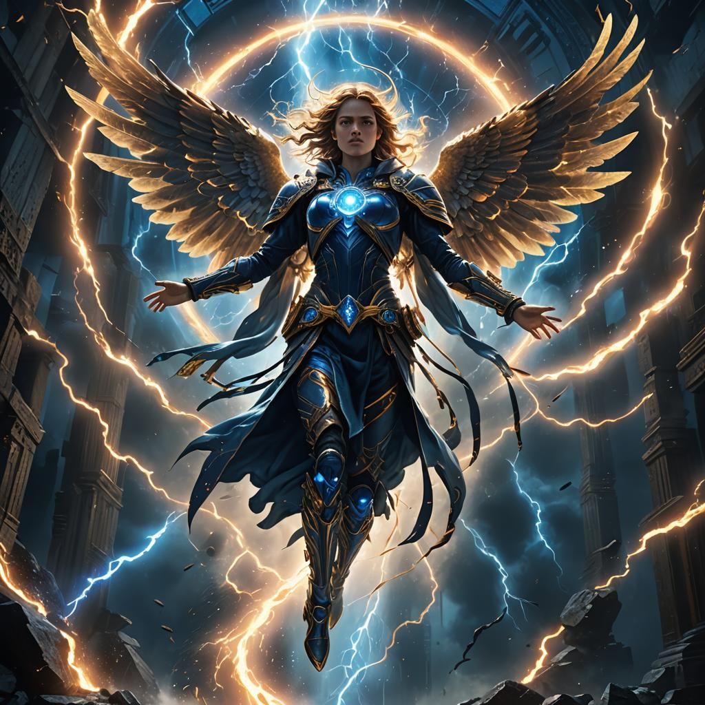 Radiant Archangel in Flight Amidst Destructive Vortex
