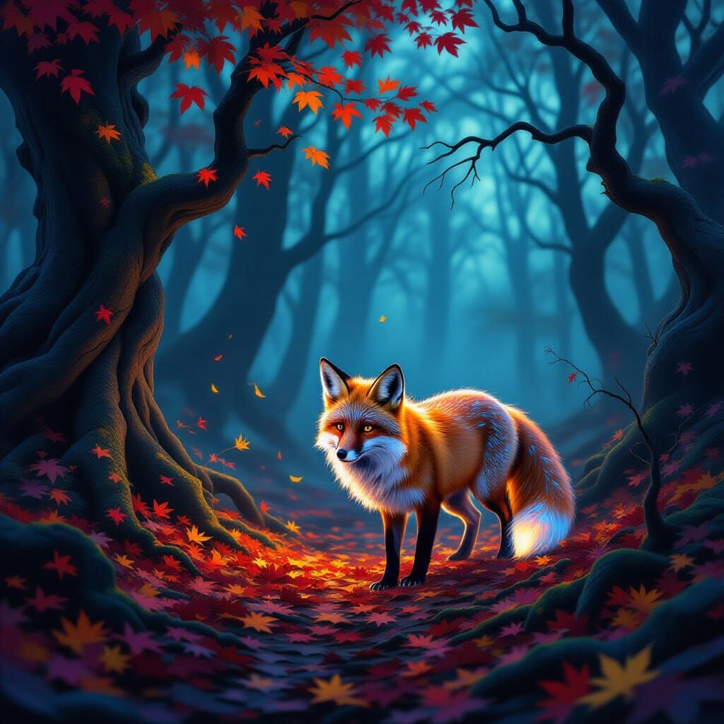 Spectral Fox in Bioluminescent Autumn Forest