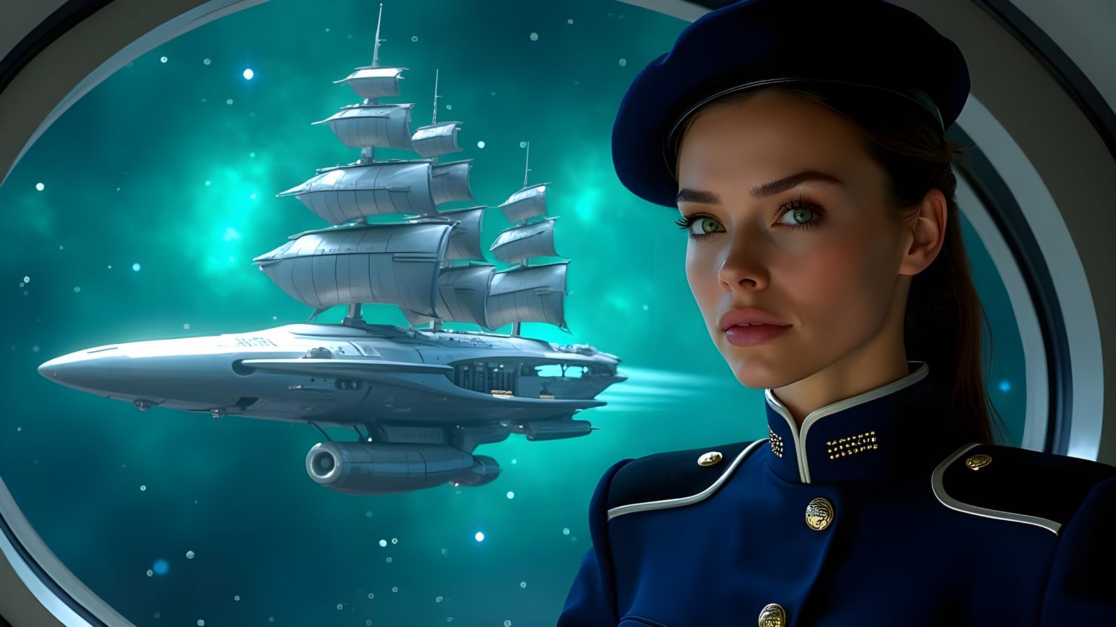 Futuristic Starship With Woman in Military Uniform