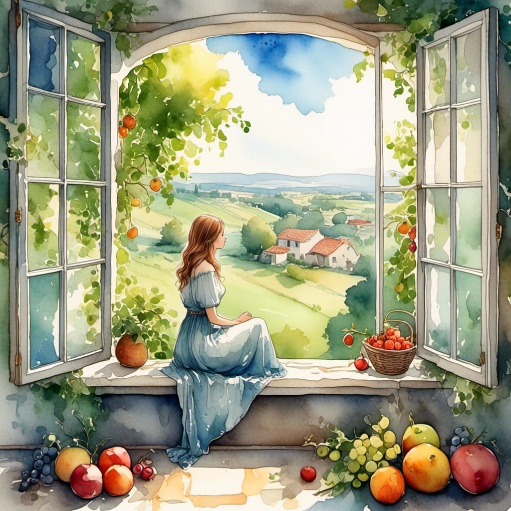 Woman Gazing at Sky in Watercolor Style