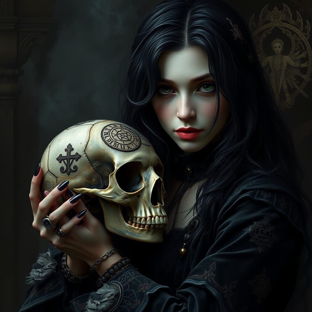Dark Fantasy Goddess in Velvet, Holding Lover's Skull