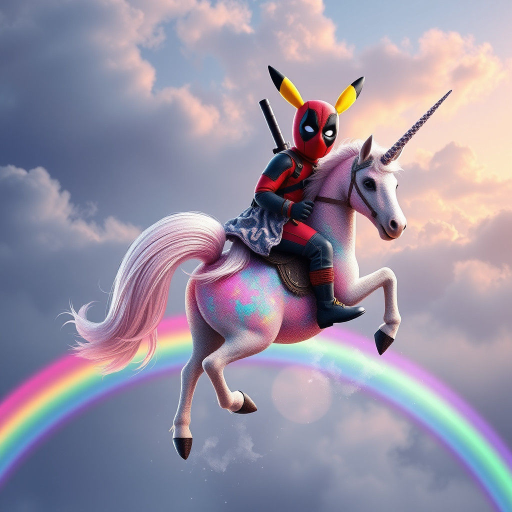 Pikachu and Deadpool Ride a Unicorn