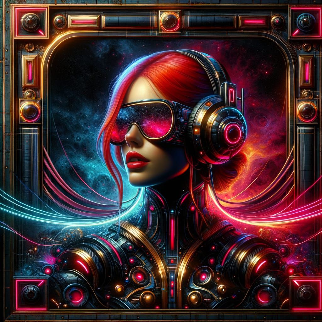 Futuristic Woman Enjoying Music in Neon Cityscape