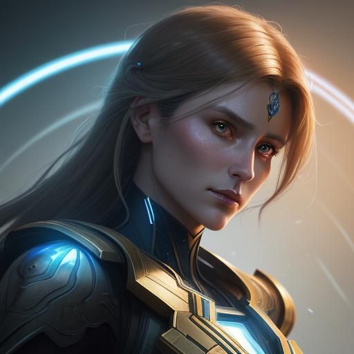 Neon Armor Portrait in Alphonse Mucha Style